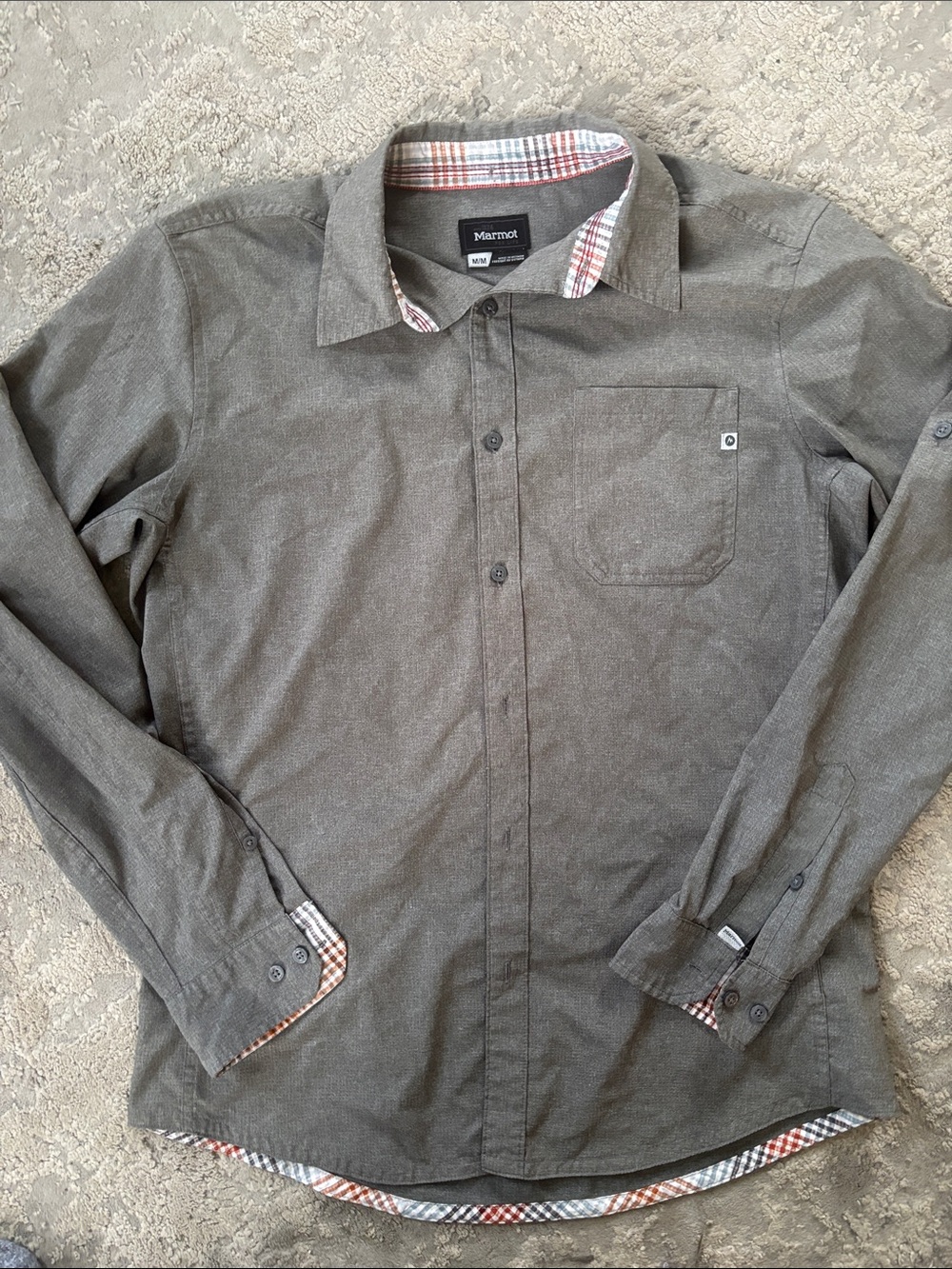 Marmot Olive Green Long-Sleeve Button Shirt with Plaid Trim